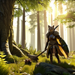 **

"Lush Everfall Forest scene. A female warrior character in Norse-inspired armor is efficiently harvesting herbs with the help of a cute, upgraded pet (maybe a small dragon or wolf pup) that has a visible buff aura. Golden sunlight filters through the trees. A resource gathering UI element shows increased yield due to the pet. The style should evoke a sense of adventure and RPG fantasy."

**
