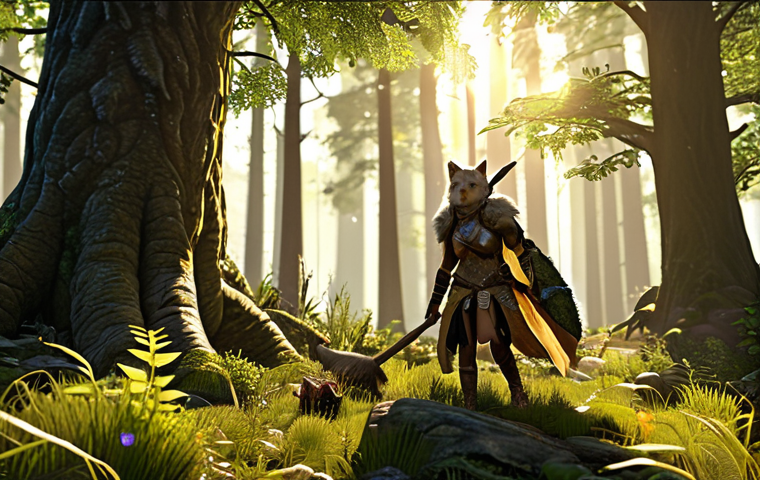 **
"Lush Everfall Forest scene. A female warrior character in Norse-inspired armor is efficiently harvesting herbs with the help of a cute, upgraded pet (maybe a small dragon or wolf pup) that has a visible buff aura. Golden sunlight filters through the trees. A resource gathering UI element shows increased yield due to the pet. The style should evoke a sense of adventure and RPG fantasy."
**